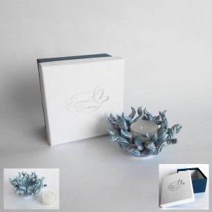Bomboniera segna posto Corallo Azzurro con porta candela ceramica e scatola D 10 cm art 02153