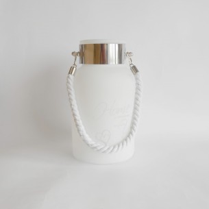 Vaso porta candela o fiori in vetro bianco con manico corda h 25 x 14 cm wedding Art 07057