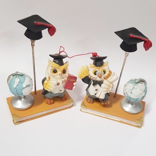 Bomboniera Decorazione Gufi clip segna posto assortiti resina laurea h 11 cm Set 2 pz art 04455
