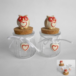 Bomboniera Decorazione Barattolo Gufo Beige e Rosso in Ceramica Set 2 pz Art 02115