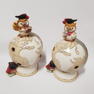 Bomboniera Decorazione Gufo con luce led resina colorata Mappamondo laurea H 10 cm Set 2 pz art 04644