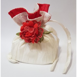 Bomboniera sacchetto confetti tessuto Bianco con inserto fiore Rosso Set 12 pz art 28587