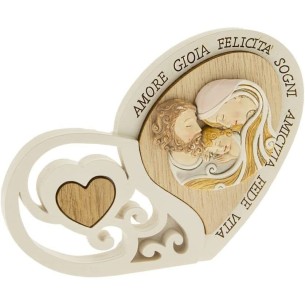Bomboniera Decorazione Icona Cuore Sacra Famiglia resina Legno h 12 cm art 04A132