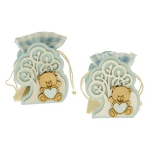 Bomboniera sacchetto Sagoma Orsetto  e albero Legno Celeste Battesimo Nascita h 8 cm confezione 6 pz Art SC554
