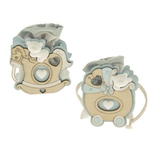 Bomboniera sacchetto Sagoma Cavallo Dondolo e Carrozzina Legno Celeste e orsetto Gesso Battesimo Nascita h 8 cm confezione 6 pz 