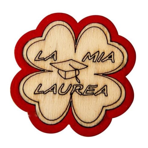 Decorazione Bomboniera Quadrifoglio legno Rosso con Inserto scritta LA MIA LAUREA  4,5 cm confezione 12 pz  Art CA137