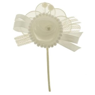 Decorazione Fiore Bianco con perla tessuto e merletto e 5 racchette h 17 m set 6 pz art B0702