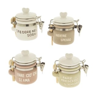 Barattolo ermetico in porcellana vari colori con tappo bianco cuore h 7 cm set 4 pz Art 02A004