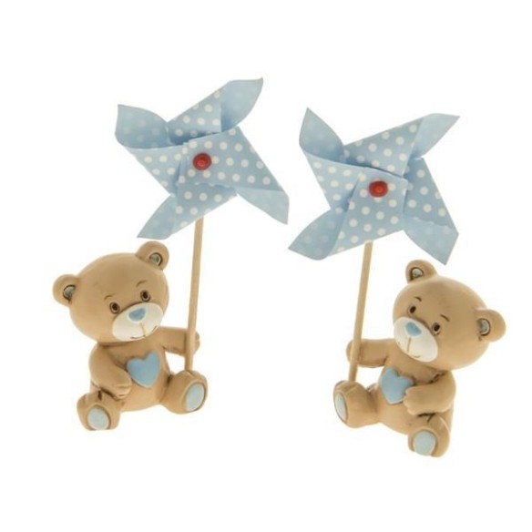 Bomboniera Orsetto da appoggio beige e celeste con inserto girella battesimo nascita h 9 cm Set 2 pz Art 04A003