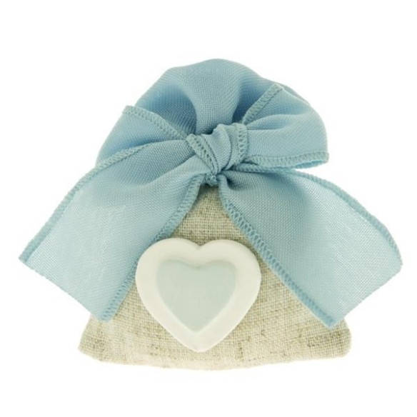 Bomboniera Sacchetto confetti in tessuto Celeste e Beige 8 x h 10 cm con inserto cuore Gesso 12 pz art C2268