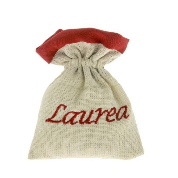Bomboniera Sacchetto in tessuto con Scritta Laurea 8 x h 10 cm Bianco Rosso confezione 12 pz art C2321