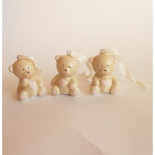Bomboniera Decorazione Orsetto ceramica beige inserti rosa da appendere Battesimo Nascita h 4 cm set 3 pz art 03045
