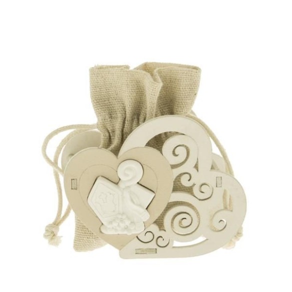 Bomboniera sacchetto Sagoma Legno Cuore ed inserto simbolo CRESIMA Gesso h 7 cm confezione 6 pz Art SC565