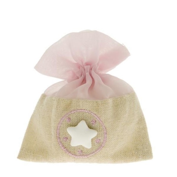 Bomboniera Sacchetto confetti in tessuto Rosa e Beige con inserto Stella 12 pz art C2251
