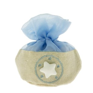 Bomboniera Sacchetto confetti in tessuto Celeste e Beige 10 cm con inserto Stella 12 pz art C2252