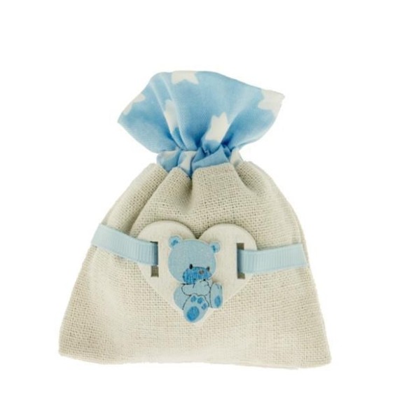 Bomboniera Sacchetto confetti in tessuto Celeste e Beige 8 x h 10 cm con inserto cuore Orsetto 12 pz art C2258