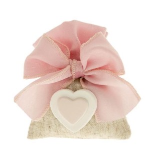 Bomboniera Sacchetto confetti in tessuto Rosa e Beige 8 x h 10 cm con inserto cuore Gesso 12 pz art C2269