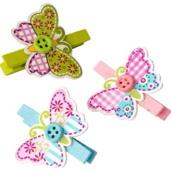 Bomboniera decorazione Molletta farfalla in legno  h 4 cm Battesimo Nascita set 6 pz - art CA016