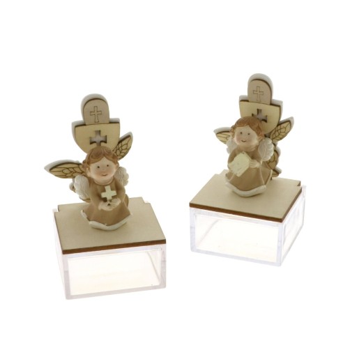 Bomboniera Angelo in resina con scatola plexiglass confetti e Simbolo Comunione h 11 cm set 2 pz Art 049832
