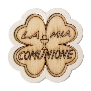 Decorazione Bomboniera Quadrifoglio legno Bianco con Inserto scritta LA MIA COMUNIONE 4,5 cm confezione 12 pz  Art CA135