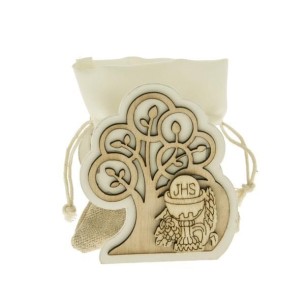 Bomboniera sacchetto Sagoma Legno Albero Vita ed inserto simbolo COMUNIONE h 8 cm confezione 6 pz Art SC566