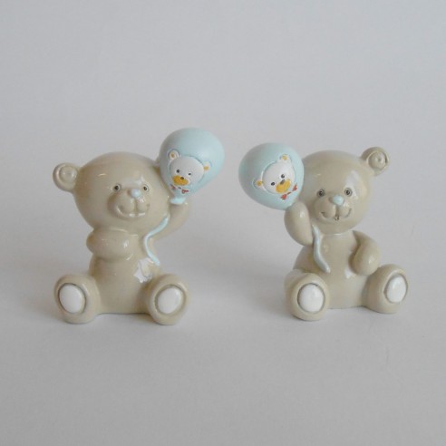 Bomboniera decorazione Orsetto con palloncino Celeste ceramica h 4,5 cm Battesimo Nascita set 2 pz art 049496
