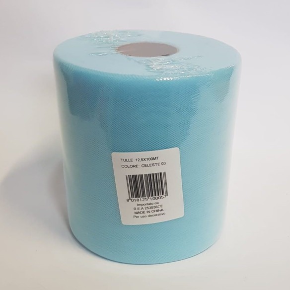 Bobina 12,5 cm 100 mt rotolo tulle decorazioni bomboniere colore CELESTE art CARUSOCELESTE125.03