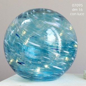 Bomboniera Sfera in pvc Celeste effetto VETRO con led interno fisso giallo D 16 cm Art 07095