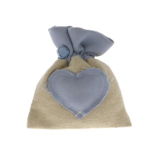 Bomboniera Sacchetto confetti in cotone Beige con inserto cuore Celeste 12 pz art C2199