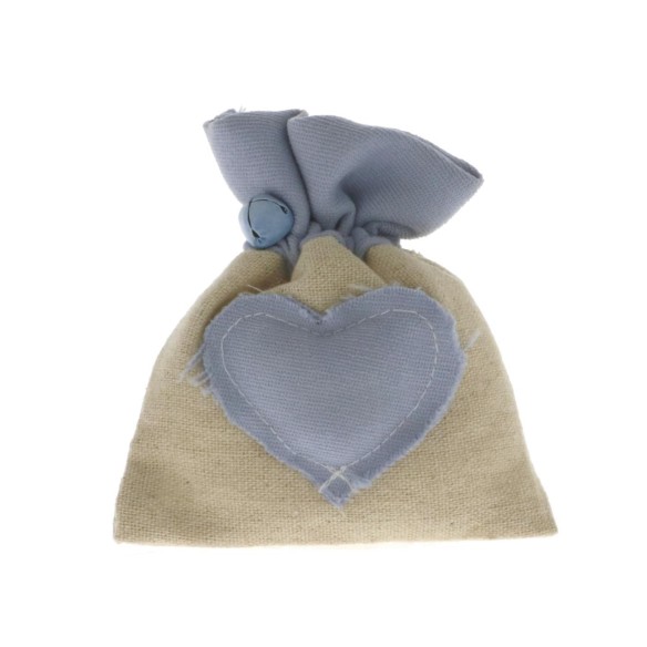Bomboniera Sacchetto confetti in cotone Beige con inserto cuore Celeste 12 pz art C2199