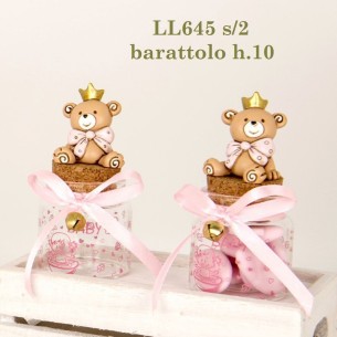 Bomboniera barattolo Vetro con tappo Orsetto beige e Rosa con inserto Coroncina battesimo nascita h 10 cm Confezione 2 pz Art LL