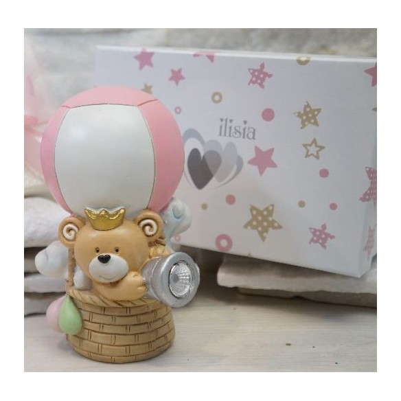 Bomboniera decorazione Orsetto su mongolfiera beige e Rosa con Luce battesimo nascita h 13 cm Art LL649