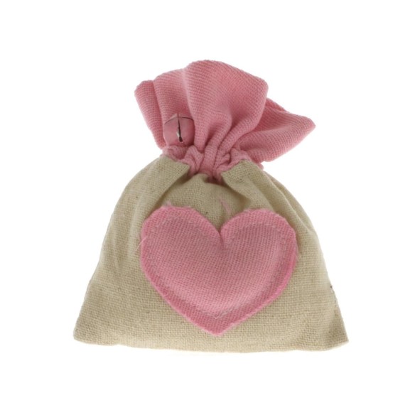 Bomboniera Sacchetto in tessuto Juta con bordo ed inserto cuore ROSA battesimo Nascita 10 x h 12 cm 12 pz art C2200