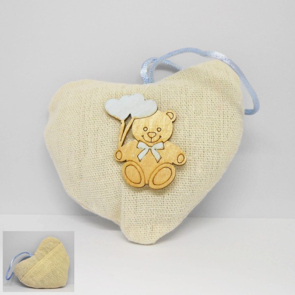 Bomboniera Decorazione sacchetto CUORE con inserto Orsetto Legno Celeste h 10 cm Set 6 pz Art. CA098