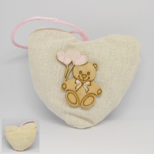 Bomboniera Decorazione sacchetto CUORE con inserto Orsetto Legno ROSA h 10 cm Set 6 pz Art. CA099