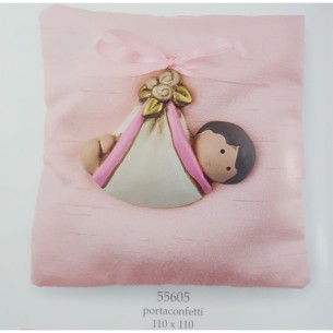 Bomboniera Sacchetto Busta confetti in RASO Rosa con inserto Bebè in fascia in ceramica 11 x 11 cm confezione 32 pz art 55605