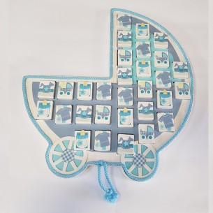 Pannello decorativo Carrozzina Celeste con scatole Battesimo Nascita 54 x 50 x 4 cm Art CA104