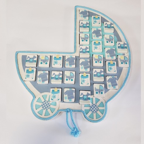 Pannello decorativo Carrozzina Celeste con scatole Battesimo Nascita 54 x 50 x 4 cm Art CA104