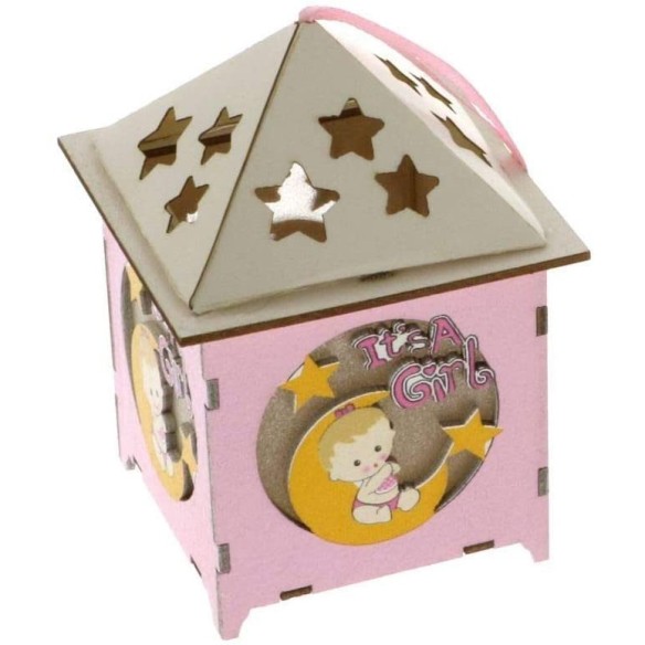 Bomboniera Battesimo Casetta legno rosa con led colorato 12 pz Art SC454