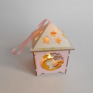 Bomboniera Battesimo Casetta legno rosa con led colorato 12 pz Art SC454 2