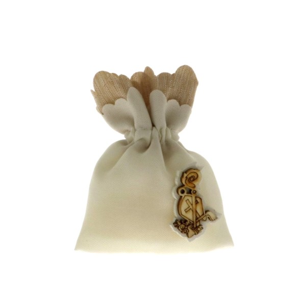 Bomboniera Sacchetto confetti in cotone Bianco con inserto legno Comunione  8 x h11 cm 6 pz art C2099