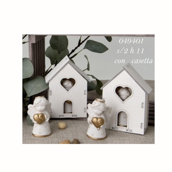 Bomboniera Angelo albero della vita Avorio cuore oro e box casetta h 11 cm Set 2 Pz Art 049401