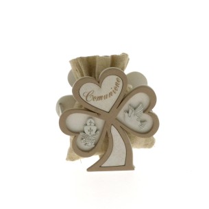 Sacchetto in tessuto Beige porta confetti con inserto Comunione e Quadrifoglio in legno Confezione 6 pz art SC485