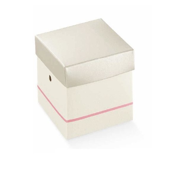 Scatola bomboniera fondo coperchio Perlato con Linea ROSA 6 x 6 x 6 cm n 10 pz art 56558