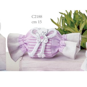 Bomboniera Sacchetto tipo CARAMELLA porta confetti tessuto ROSA orsetto legno  15 cm Confezione 12 pz art C2188