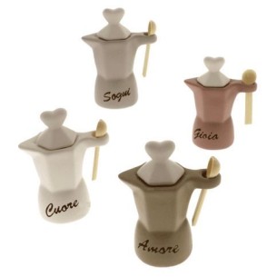 Barattolo Caffettiera ceramica vari colori porta spezie con tappo bianco cuore cucchiaino legno h 12 cm set 4 pz Art 02188
