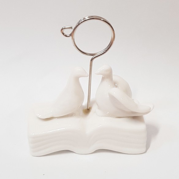 Bomboniera coppia colombe ceramica bianca porta foto wedding matrimonio 7 x 3,5 x h 7,5 cm art 55342