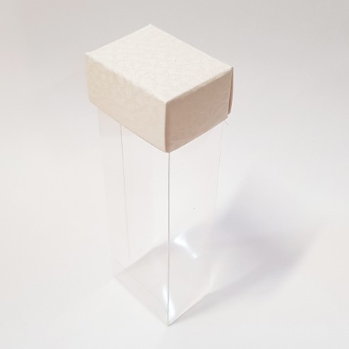 Scatola bomboniera tipo MIX trasparente con tappo PELLE BIANCA 3 x 2 x h 9 cm box 20 pz art 14501