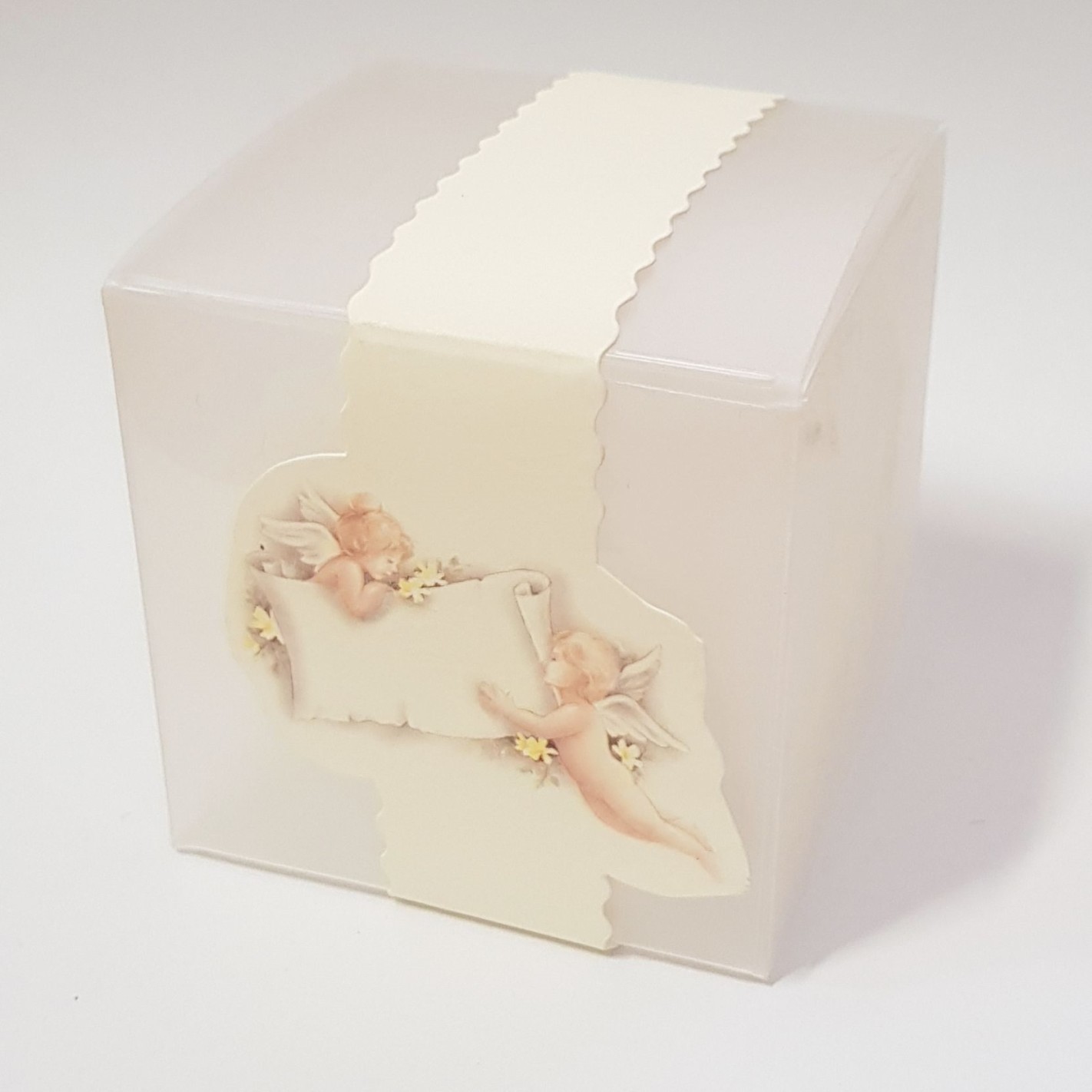 Scatola bomboniera o confetti tipo GHIACCIO 6 x 6 x 6 cm con fascia Angeli  confezione 20 pz art. 53276