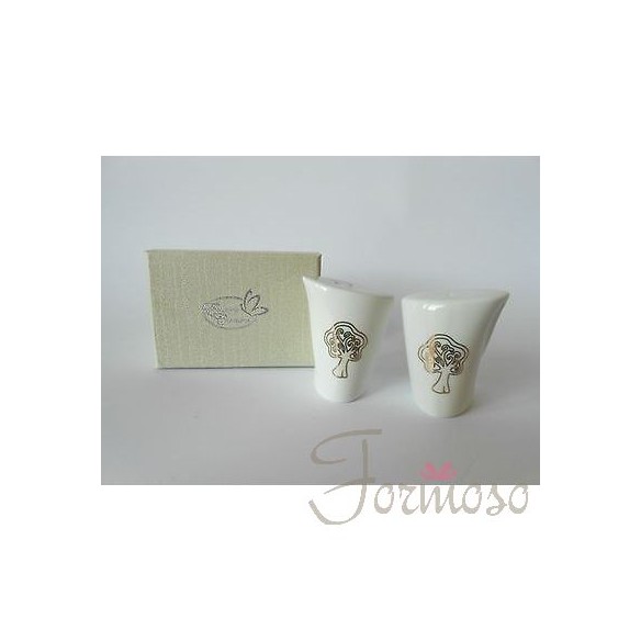 Set sale e pepe ceramica in bianca con albero vita bomboniera 50x60mm art 02790